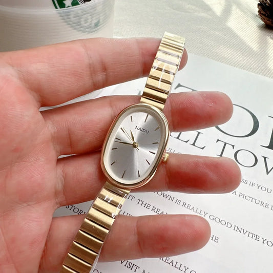 Oval Shaped Dial Women's Watch Luxury Alloy Strap Quartz Watch for Women Folding Clasp Versatile Small Wristwatch Clock 2023